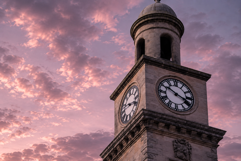 Historic stone clock tower at sunset